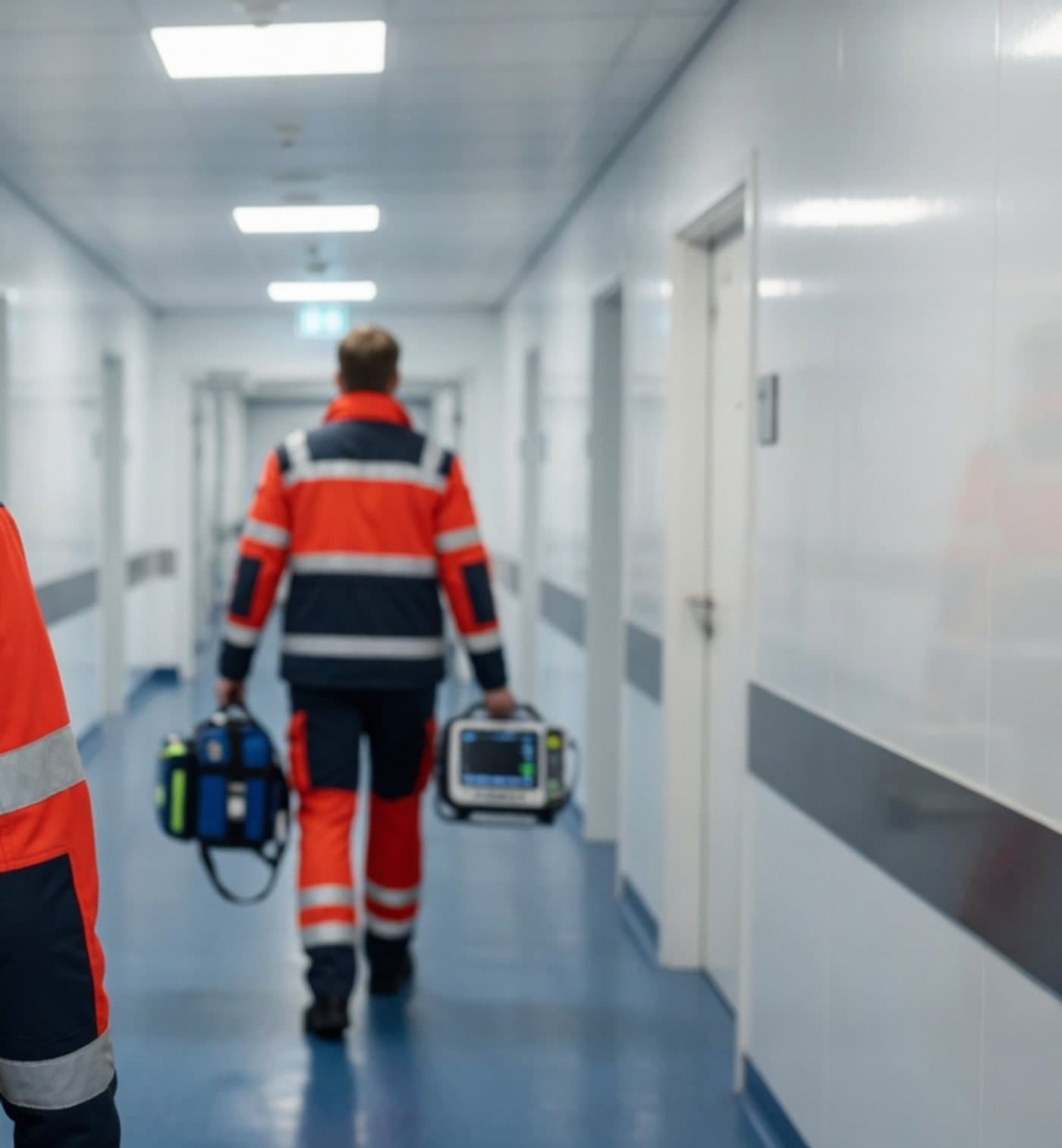 Rettungsdienstpersonal von hinten in einem ruhigen Klinikflur